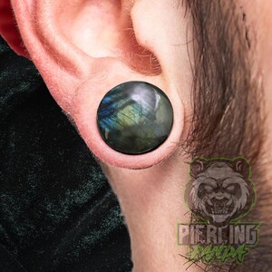 May include: A round, iridescent labradorite ear plug. The plug is a dark gray color with blue and green flashes. The plug is inserted into a stretched earlobe. The image also includes the logo of Piercing Panda.