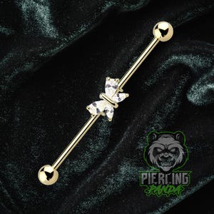 14g 16g Gold Butterfly CZ Charm Industrial Scaffold Piercing Barbell 316L Surgical Steel External Thread