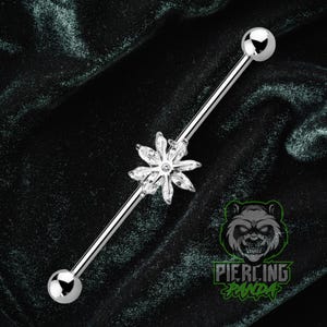 14g 16g Marquise White CZ Gems Snowflake Industrial Barbell Piercing 32mm 35mm 38mm External Thread Gold PVD Plated 316l Surgical Steel