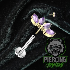 Piercing en forma de abanico de titanio de 16 g con piedra de amatista ASTM F136, sin rosca, con PVD dorado, parte trasera plana, ajuste a presión, para cartílago, hélice, labio, trago
