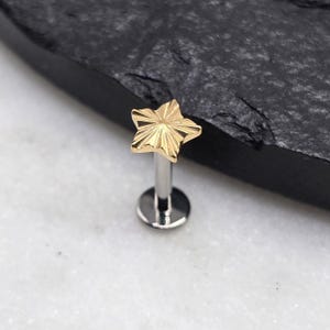 Pendiente de titanio ASTM F136 de 16 g con PVD dorado y disco de estrella brillante para labio, trago, hélix, caracola, cartílago, piercing tipo barra