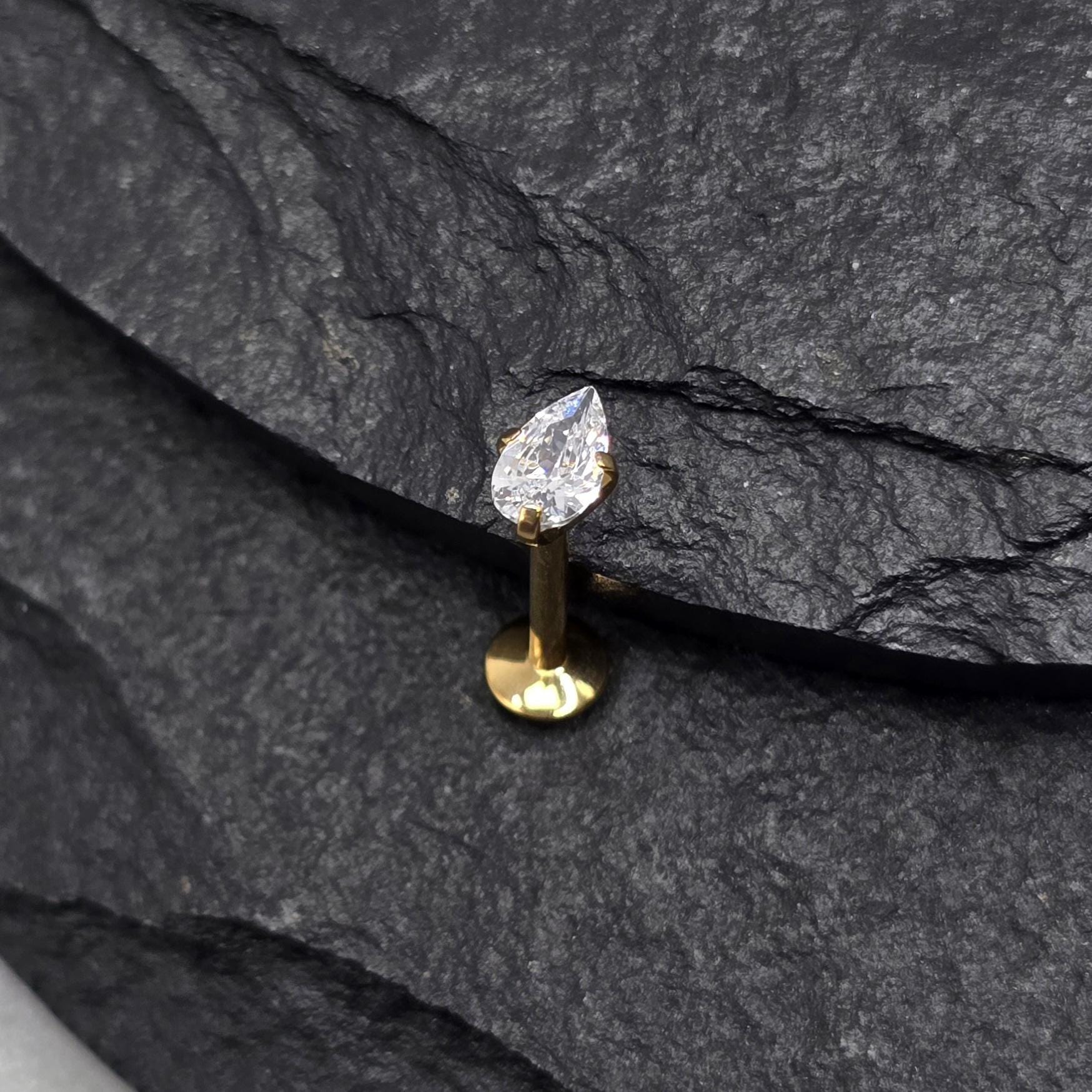 16g ASTM F136 Titanium Internal Thread Gold PVD Pear Teardrop White CZ ...