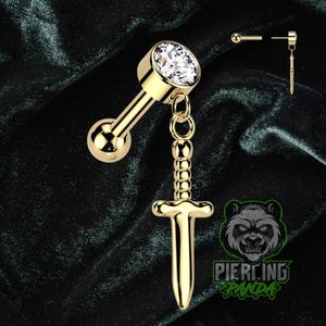 16g 6mm Titanium ASTM F136 Threadless Gold PVD Sword with 3mm Ball Back Barbell Cartilage Conch Flat Helix Stud Tragus Piercing