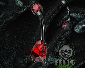 14g Titanium ASTM F136 Red Pear Gem Implant Grade Internally Threaded Top Bezel Set Double Round Belly Button Navel Ring Black PVD Plated