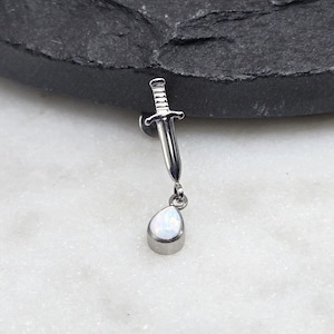 16g ASTM F136 Grade 23 Titanium Internal Thread Sword Dagger White Opal Drop Gem Blood Tragus Helix Conch Cartilage Earring Labret Barbell