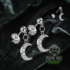 Pair of 20g Dangling Ball Solid Steel Moon White CZ Gems Hinged Segment Clicker Helix Earrings Cartilage Piercing Hoop Rings