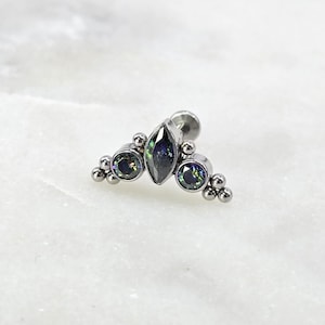 Piercing de titanio ASTM F136 Dark AB Vitrail CZ Cluster sin rosca para cartílago, trago, hélice