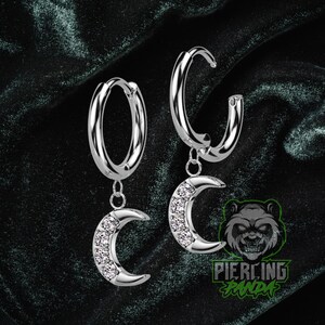 Pair of 20g 10mm Dangling Solid Steel Moon White CZ Gems Hinged Segment Clicker Helix Earrings Cartilage Piercing Hoop Rings