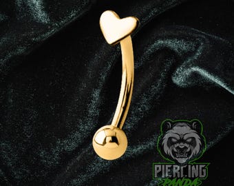 16g 8mm Heart Gold PVD Solid 316L Surgical Steel Curved Eyebrow Rook Piercing External Thread Barbell