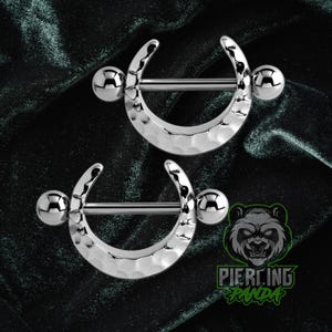 Pair of 14g Thick Hammered Steel Nipple Piercing Barbell Jewelry Solid 316L Surgical Steel
