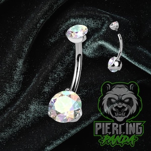 Piercing de umbigo de titânio com rosca interna, calibre 14g, cravação dupla em zircônia cúbica arco-íris AB.