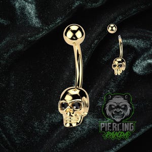 14g Solid Polished Gold PVD 316L Surgical Steel Halloween Skull Black CZ Gem Eyes Skeleton Double Round Belly Button Navel Ring