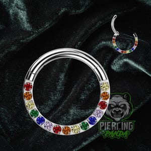 Anillo de aro para piercing de cartílago, hélice, tabique, segmento con bisagras, grado de implante, ASTM F136, con gemas de circonita cúbica arcoíris, 18 g y 16 g