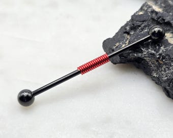 14g 16g Red Hand Wire Wrapped Black IP 1.6mm 1.2mm Industrial Barbell Scaffold Piercing Jewelry (32mm, 35mm, or 38mm)