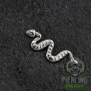 May include: A silver-toned snake-shaped jewelry piece featuring a textured, segmented body and a distinct head. The design is elongated and curved in a serpentine motion, with a polished metallic finish that reflects light across its surface.