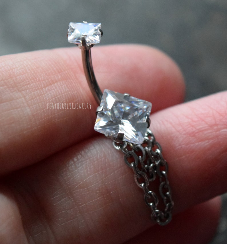 Square CZ Prong Set with Internally threaded Double Jewel 316L Surgical Steel Belly Button Navel Rings