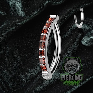 Pode incluir: Uma joia de piercing curva prateada com uma fileira de pedras preciosas vermelhas quadradas. Um aro prateado menor e correspondente também é visível. O fundo é um tecido escuro e texturizado. O logotipo "Piercing Panda" está no canto inferior direito.