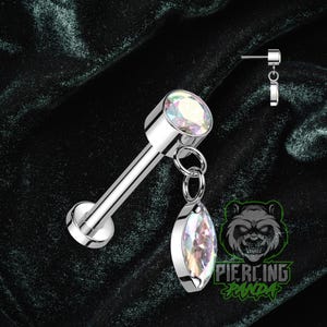 Titanium Threadless ASTM F136 Dangle Dark AB Rainbow CZ Gem Marquise Top Labret Barbell Piercing Conch Flat Kraakbeen Helix Labret Monroe