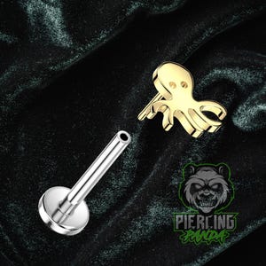 14k Gold Threadless Octopus With Titanium ASTM F136 Flat Labret Barbell Pin Piercing Conch Tragus Cartilage Helix Nose