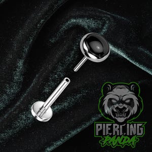 May include: A silver-colored lip piercing with a black, circular stone. The piercing is composed of two separate pieces, a flat disc and a post with a rounded top. The logo "Piercing Panda" is visible in the bottom right corner.