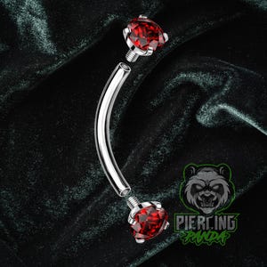 16g Titanium ASTM F136 Curved Barbells With Internally Threaded Prong Set Red CZ Ends | Rook Eyebrow Piercing