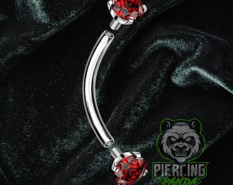 16g Titanium ASTM F136 Curved Barbells With Internally Threaded Prong Set Red CZ Ends | Rook Eyebrow Piercing