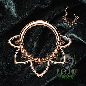 16g 8mm Beaded Lotus Rose Gold PVD 316L Surgical Steel Hinged Segment Septum Helix Piercing Cartilage Daith Hoop Piercing Ring