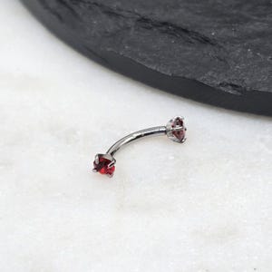 16g Titanium ASTM F136 Curved Barbells With Internally Threaded Prong Set Red CZ Ends | Rook Eyebrow Piercing