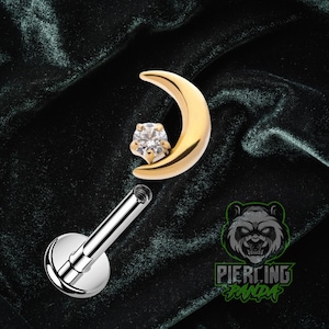 16g Titanium ASTM F136 Grade 23 24kt Gold Plate Internal Thread Moon Star Small Bottom Disc Tragus Helix Conch Cartilage Earring Labret
