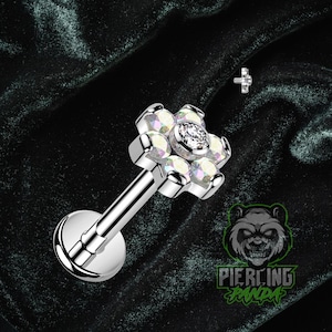 Piercing a fiore in titanio ASTM F136 da 16 g con filettatura interna, AB, arcobaleno, zircone cubico, 5 mm, a forma di conchiglia, piatto, cartilagine, elica, labret, monroe
