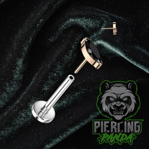 Puede incluir: Un piercing labial plateado y dorado con una gema negra. El piercing está desmontado, mostrando el poste, el engaste de la gema y la base. El logotipo "Piercing Panda" está en la esquina inferior derecha.