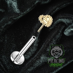 14k Gold Threadless Heart With Titanium ASTM F136 Flat Labret Barbell Pin Piercing Conch Tragus Cartilage Helix Nose
