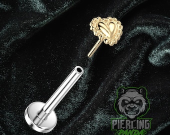 14k Gold Threadless Heart With Titanium ASTM F136 Flat Labret Barbell Pin Piercing Conch Tragus Cartilage Helix Nose