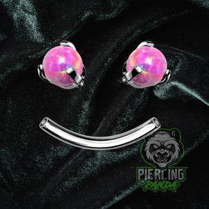 16g Titanium Implant Grade ASTM F136 Curved Barbells With Internally Threaded Prong Set Claw Pink Opal Ends | Rook Eyebrow Piercing
