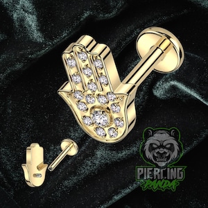 16g Titanium Gold ASTM F136 Internal Thread Hamsa Hand Fatima Evil Eye Top Piercing Conch Flat Cartilage Helix Labret Monroe