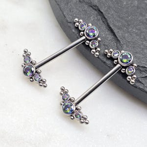 14g 16g Titanium ASTM F136 Matching Pair of Implant Grade Nipple Barbells Dark AB Vitrail Cz Gems Bezel Set Threadless Push In Ends
