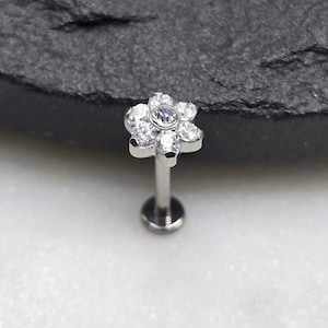 Titanium ASTM F136 Threadless White Flower CZ Flat Back Barbell With Flat Bottom Disc Labret Cartilage Conch Helix Tragus Piercing