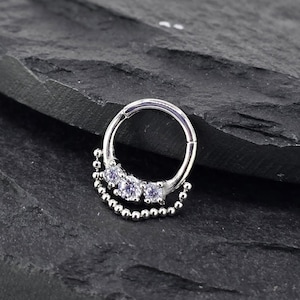 16g CZ Gem Dangling Chain Hinged Segment Clicker Piercing Hoop Rings 316L Steel Septum Daith Helix Tragus