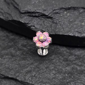 16g Titanium ASTM F136 Implant Grade Internal Threads Labret Flat back Studs Pink Opal Stone Cluster Flower