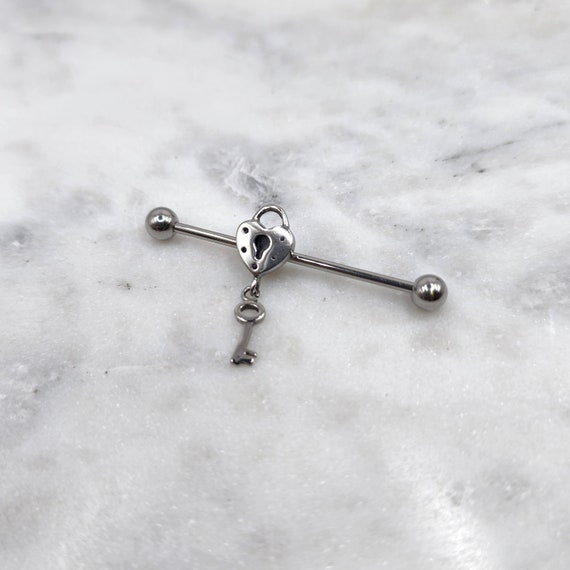 14g 16g Lock and Key Charm Industrial Scaffold Piercing Barbell 316L Surgical Steel External Thread
