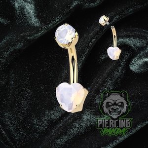 Piercing de umbigo com pedra de opala rosa de titânio 14g, grau de implante, ouro PVD, rosca interna, conjunto de pinos superiores, anel duplo para piercing de umbigo