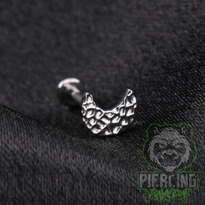 May include: A silver-toned metal stud earring featuring a crescent moon shape with a textured, honeycomb-like surface pattern. The jewelry piece includes a straight post and a flat circular backing, designed for body piercing applications.