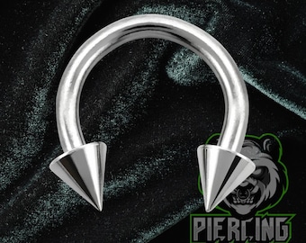 May include: A silver horseshoe-shaped piercing with conical ends. The jewelry is displayed against a dark green velvet background. The logo "Piercing Panda" is visible in the lower right corner.