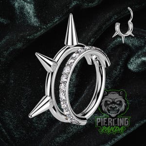 16g Titanium ASTM F136 Implant Grade Hinged Segment Double Hoop Ring With Outward Facing Pave CZ Lined 3 Spikes Septum Helix Piercing
