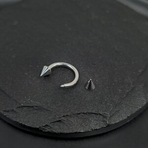 May include: A silver horseshoe piercing with a conical spike at one end and a separate, matching spike. The piercing is open, with the spike detached, resting on a dark, textured surface.