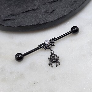 14g Titanium ASTM F136 Internal Threads Black Spider Web White Sparkly CZ Industrial Scaffold Piercing Barbell Internally Threaded