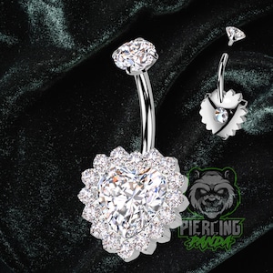 Piercing de umbigo em titânio 14g, formato grande de coração branco com zircônias cúbicas brilhantes, rosca interna de grau implante.
