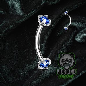 16g 8mm Blue Internal Thread Prong Gem CZ Solid 316L Surgical Steel Curved Eyebrow Rook Piercing Barbell