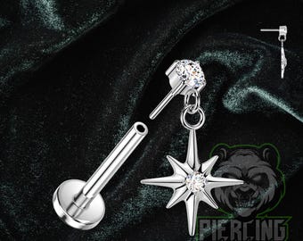 Titanium ASTM F136 Threadless White CZ Northern Star Dangle Top Piercing Jewelry Conch Flat Cartilage Helix Labret Monroe