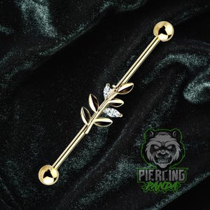 14g 16g Gold Leaf CZ Charm Industrial Scaffold Piercing Barbell 316L Surgical Steel External Thread